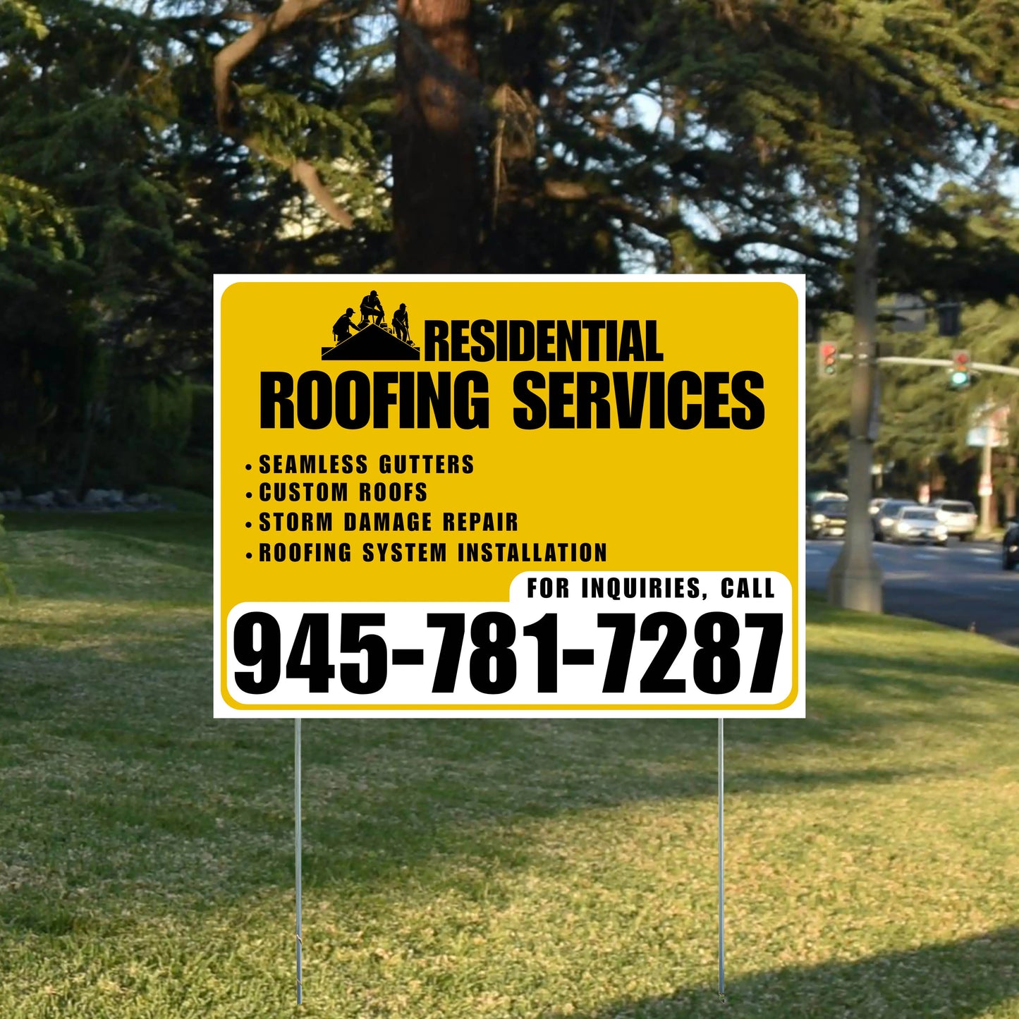 Roofers Signs - Seamless Gutters, Custom Roofs, Storm Damage Repair, Roofing System Installation - Plain Mustard Gold White Design YardSigns.com