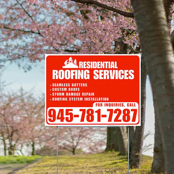 Roofers Signs - Seamless Gutters, Custom Roofs, Storm Damage Repair, Roofing System Installation - Plain Chili Red White Design YardSigns.com