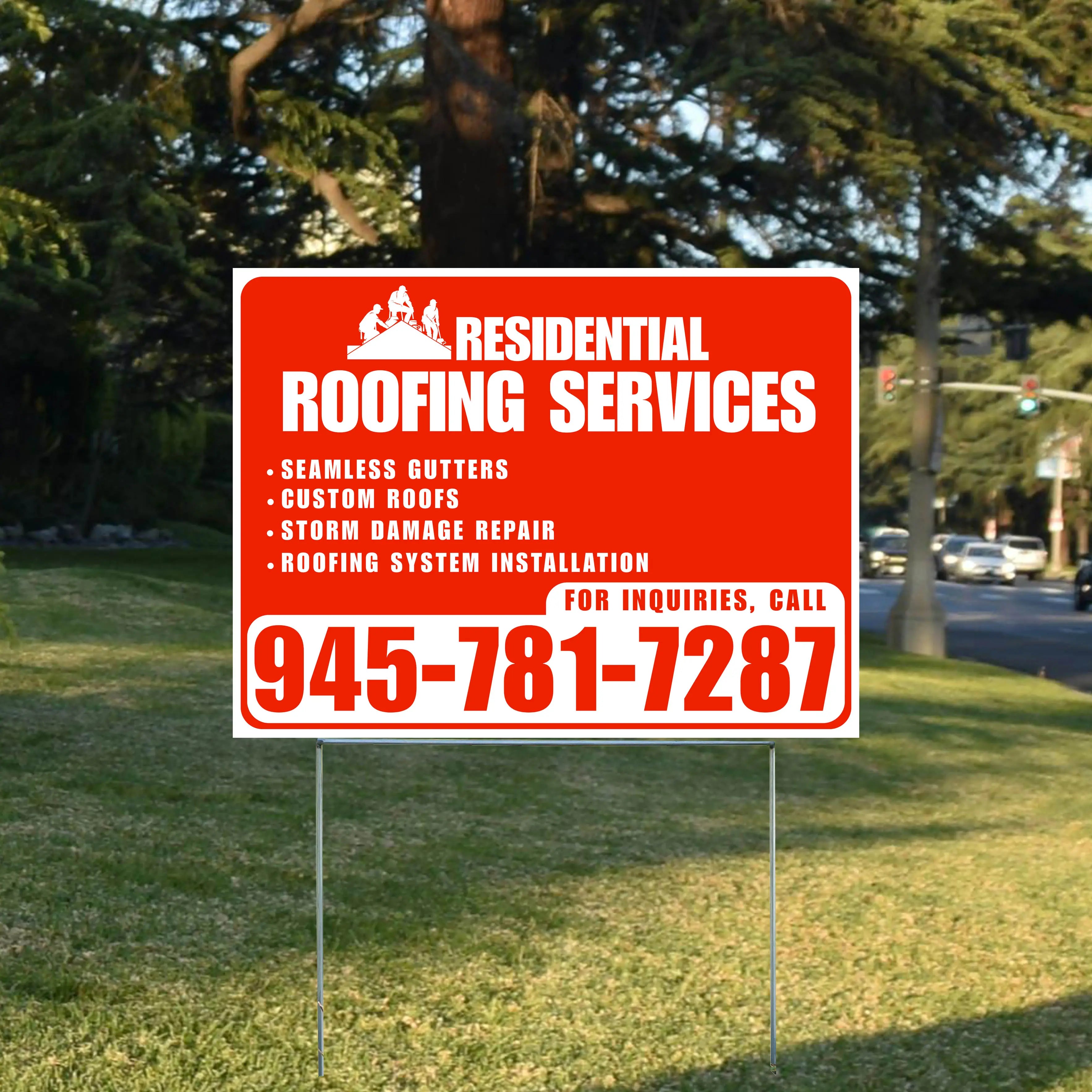 Roofers Signs - Seamless Gutters, Custom Roofs, Storm Damage Repair, Roofing System Installation - Plain Chili Red White Design YardSigns.com