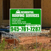 Roofers Signs - Seamless Gutters, Custom Roofs, Storm Damage Repair, Roofing System Installation - Plain Green White Design YardSigns.com