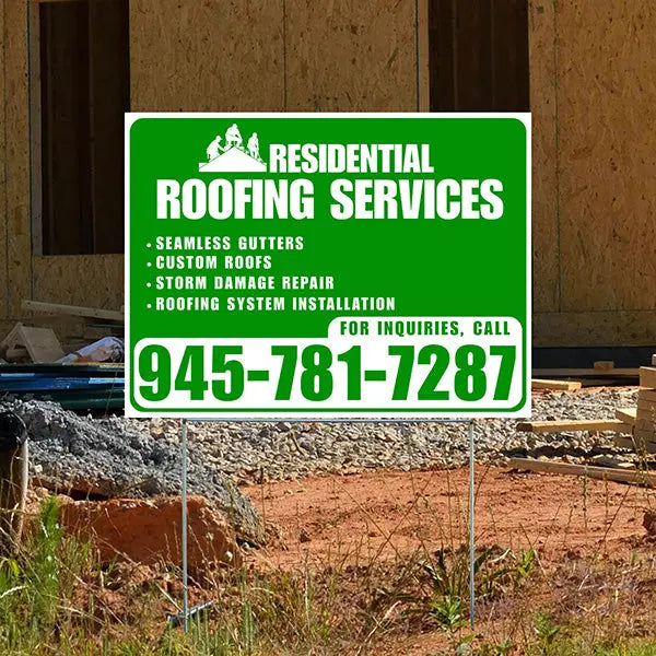 Roofers Signs - Seamless Gutters, Custom Roofs, Storm Damage Repair, Roofing System Installation - Plain Green White Design YardSigns.com