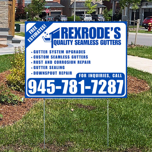Outdoor yard sign advertising Rexrode's Quality Seamless Gutters offering services such as gutter system upgrades, custom seamless gutters, rust and corrosion repair, gutter sealing, and downspout repair, featuring contact number 945-781-7287 for inquiries and free estimates.
