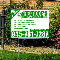 Yard sign for Rexrode's Quality Seamless Gutters with services listed including gutter system upgrades, custom seamless gutters, rust and corrosion repair, gutter sealing, and downspout repair. Features a contact number and offers free estimates.