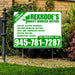 Yard sign for Rexrode's Quality Seamless Gutters with services listed including gutter system upgrades, custom seamless gutters, rust and corrosion repair, gutter sealing, and downspout repair. Features a contact number and offers free estimates.
