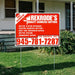 Outdoor yard sign advertising Rexrode's Quality Seamless Gutters, offering services such as gutter system upgrades, custom seamless gutters, rust and corrosion repair, gutter sealing, and downspout repair, with a contact number 945-781-7287.