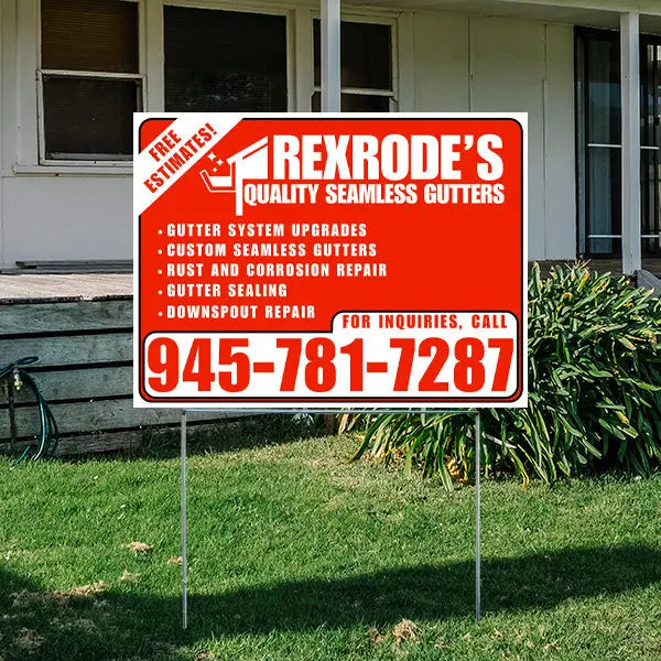 Outdoor yard sign advertising Rexrode's Quality Seamless Gutters, offering services such as gutter system upgrades, custom seamless gutters, rust and corrosion repair, gutter sealing, and downspout repair, with a contact number 945-781-7287.