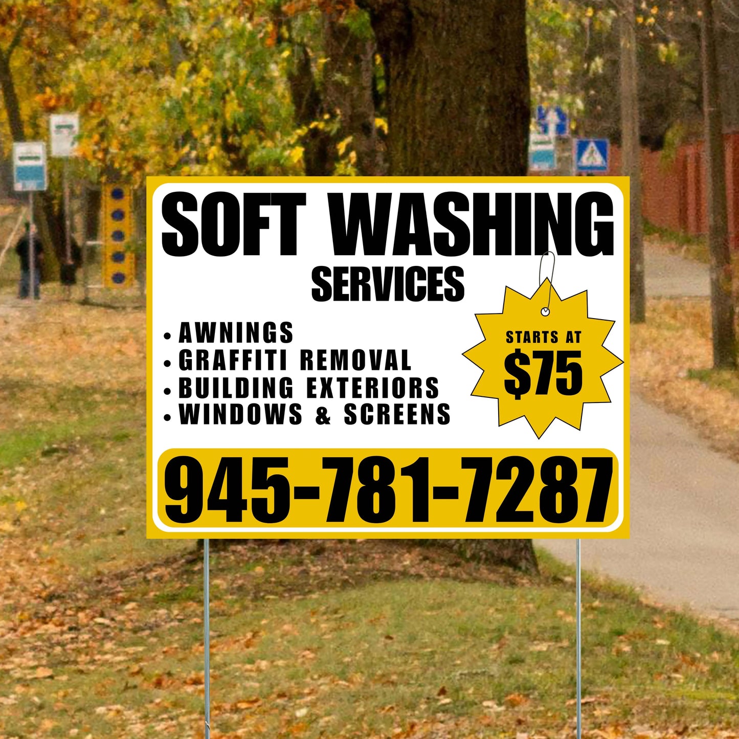 Soft Washing - Awnings, Graffiti Removal, Windows & Screens with Price Tag - Plain Mustard Gold White Design YardSigns.com