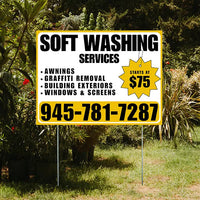 Soft Washing - Awnings, Graffiti Removal, Windows & Screens with Price Tag - Plain Mustard Gold White Design YardSigns.com
