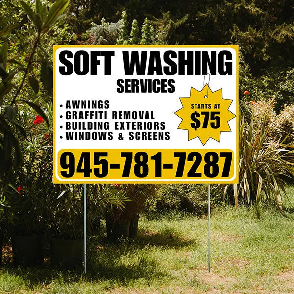 Soft Washing - Awnings, Graffiti Removal, Windows & Screens with Price Tag - Plain Mustard Gold White Design YardSigns.com