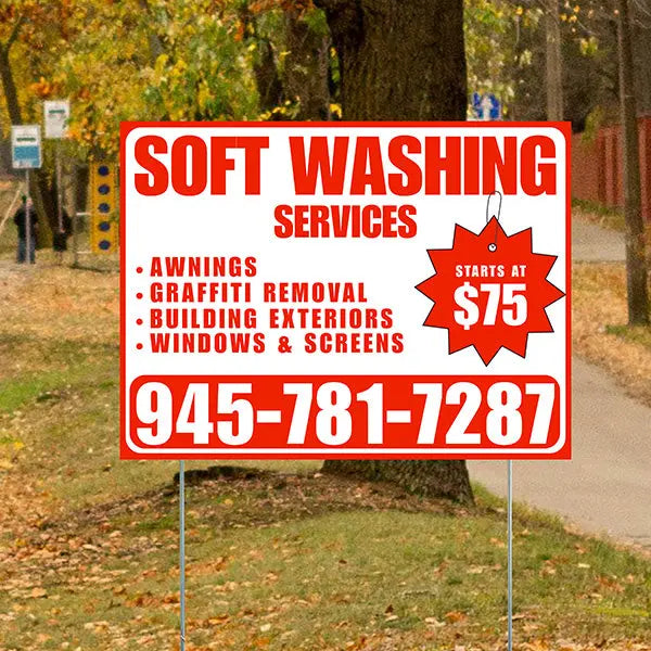 Soft Washing - Awnings, Graffiti Removal, Windows & Screens with Price Tag - Plain White Chili Red Design YardSigns.com