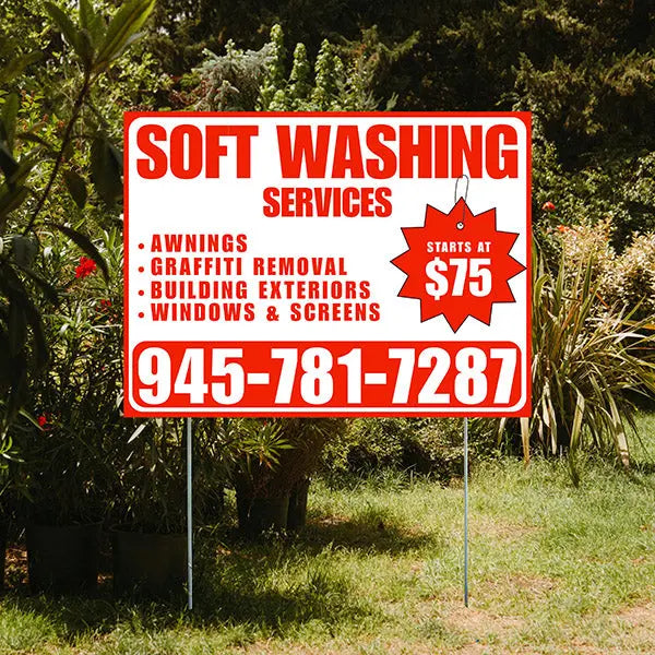 Soft Washing - Awnings, Graffiti Removal, Windows & Screens with Price Tag - Plain White Chili Red Design YardSigns.com
