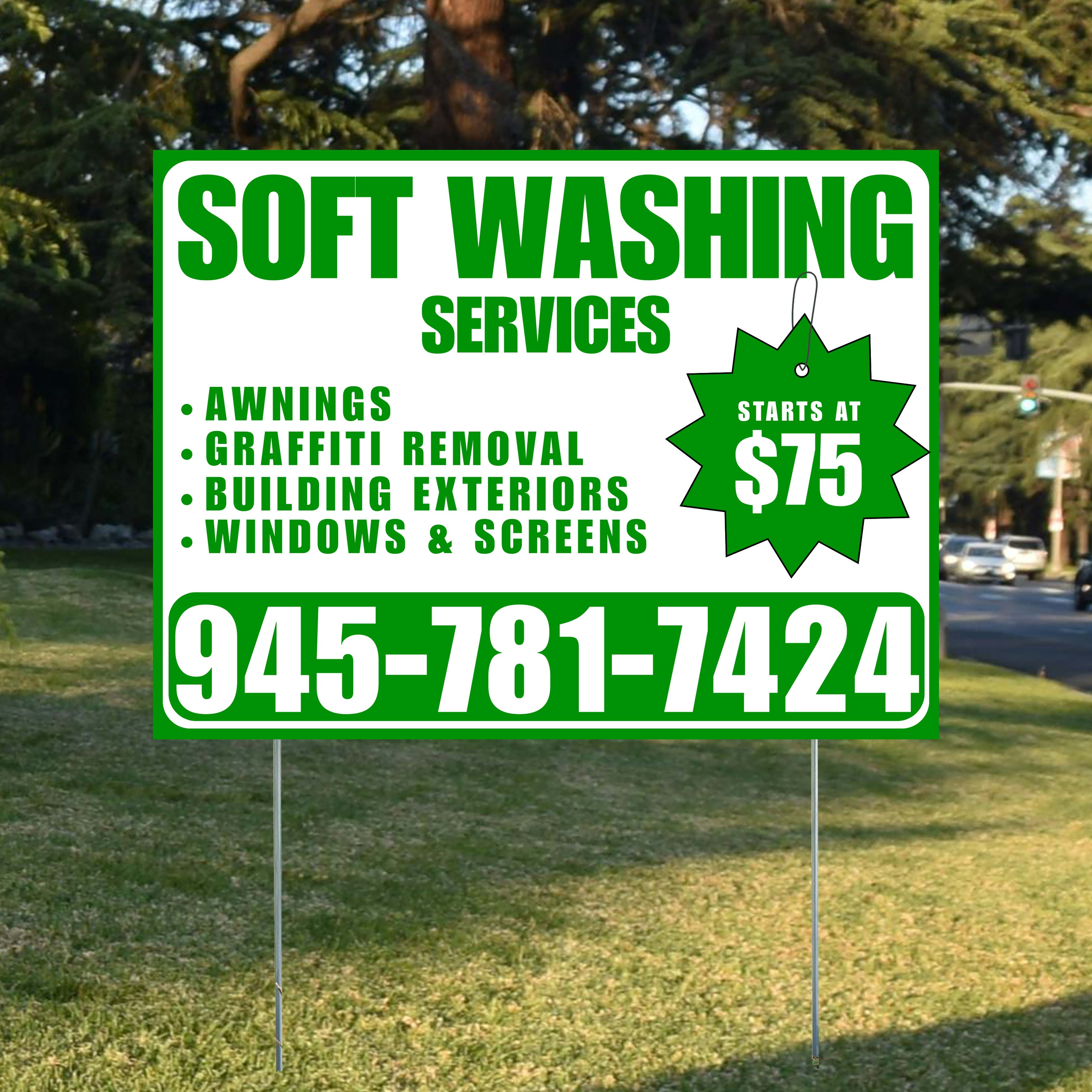Soft Washing - Awnings, Graffiti Removal, Windows & Screens with Price Tag - Plain Green White Design