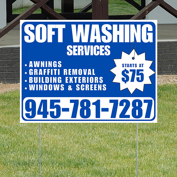 Soft Washing - Awnings, Graffiti Removal, Windows & Screens with Price Tag - Plain White Blue Design - YardSigns.com