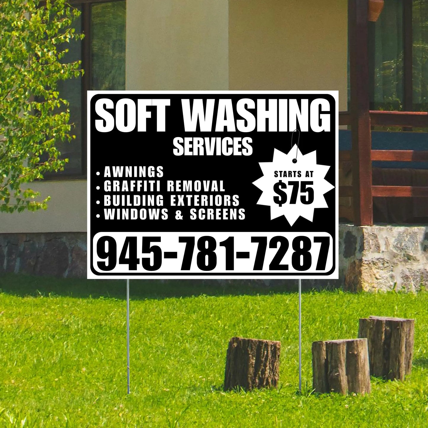 Soft Washing - Awnings, Graffiti Removal, Windows & Screens with Price Tag - Plain White Black Design YardSigns.com
