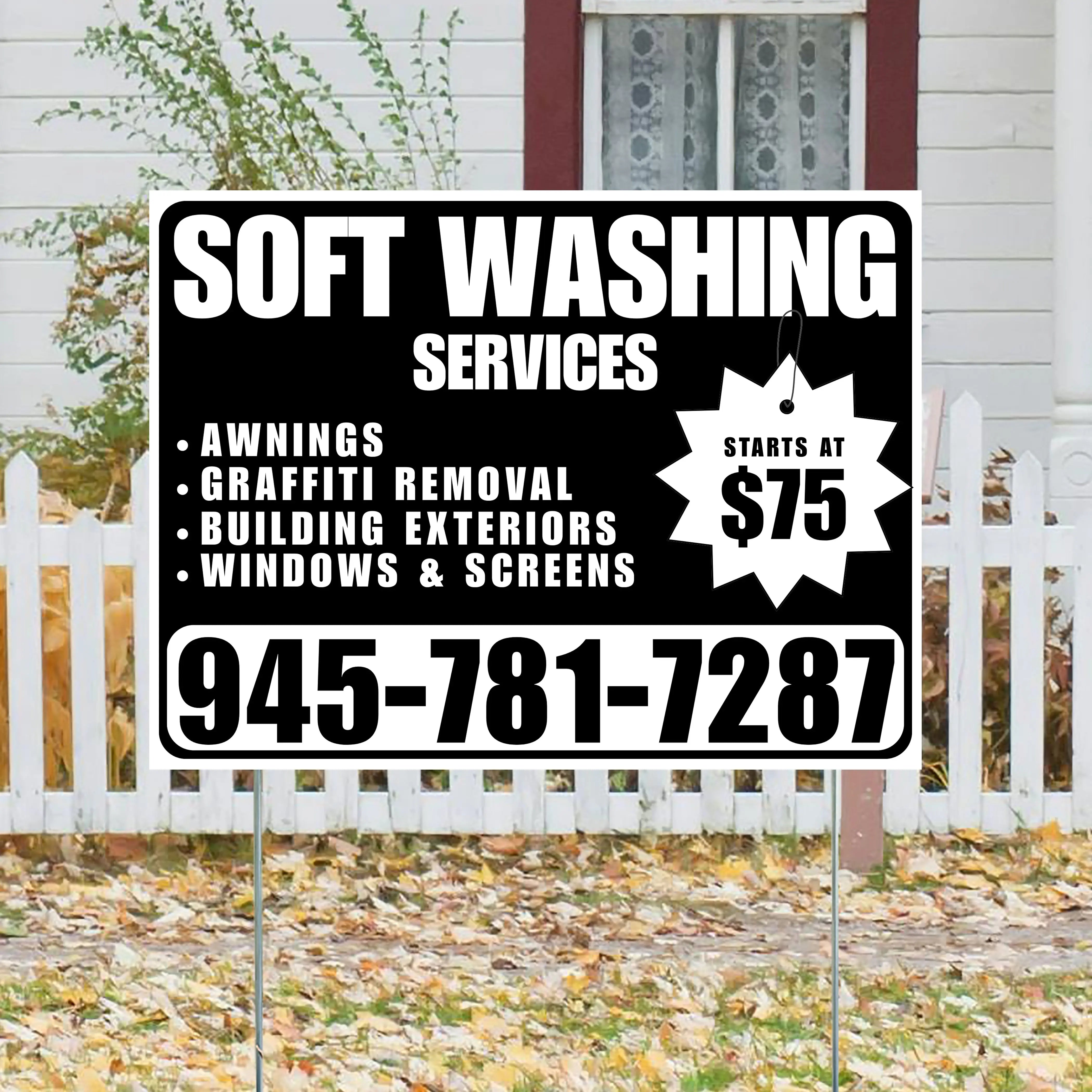 Soft Washing - Awnings, Graffiti Removal, Windows & Screens with Price Tag - Plain White Black Design YardSigns.com