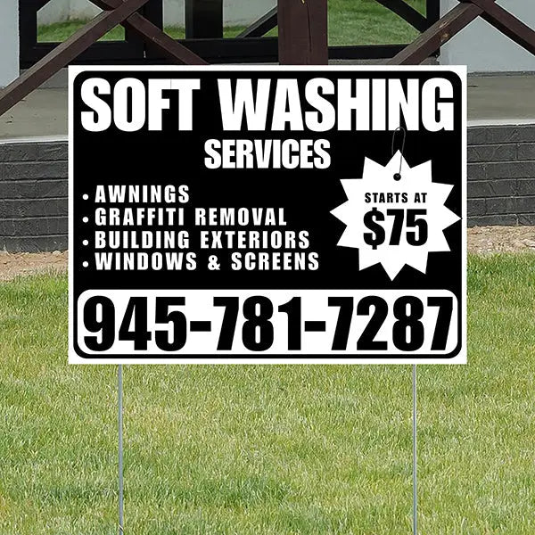 Soft Washing - Awnings, Graffiti Removal, Windows & Screens with Price Tag - Plain White Black Design YardSigns.com