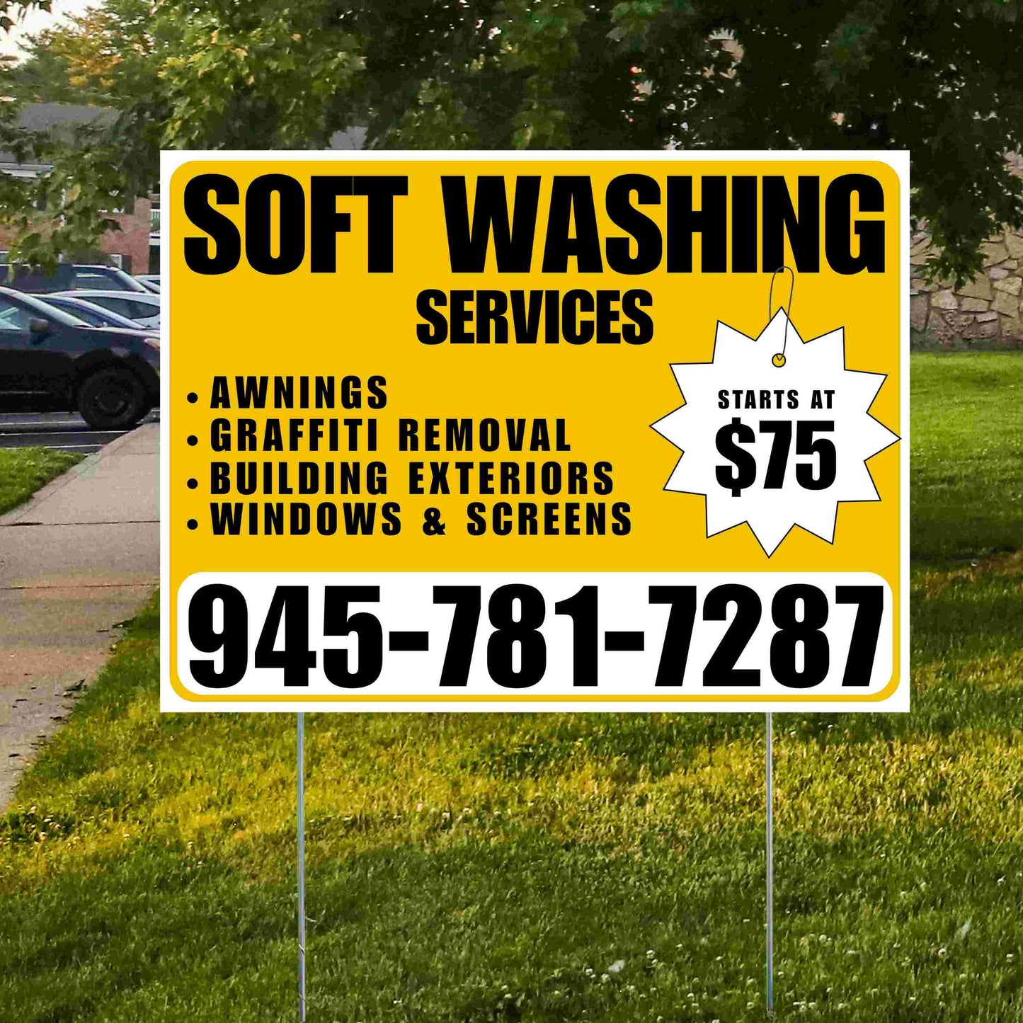 Soft Washing - Awnings, Graffiti Removal, Windows & Screens with Price Tag - Plain White Mustard Gold Design YardSigns.com