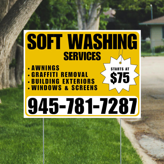 Soft Washing - Awnings, Graffiti Removal, Windows & Screens with Price Tag - Plain White Mustard Gold Design YardSigns.com