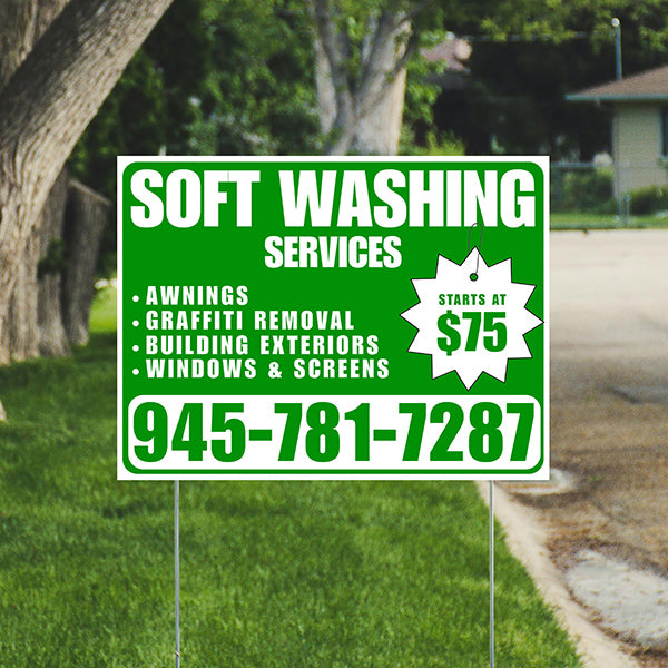 Soft Washing - Awnings, Graffiti Removal, Windows & Screens with Price Tag - Plain White Green Design - YardSigns.com