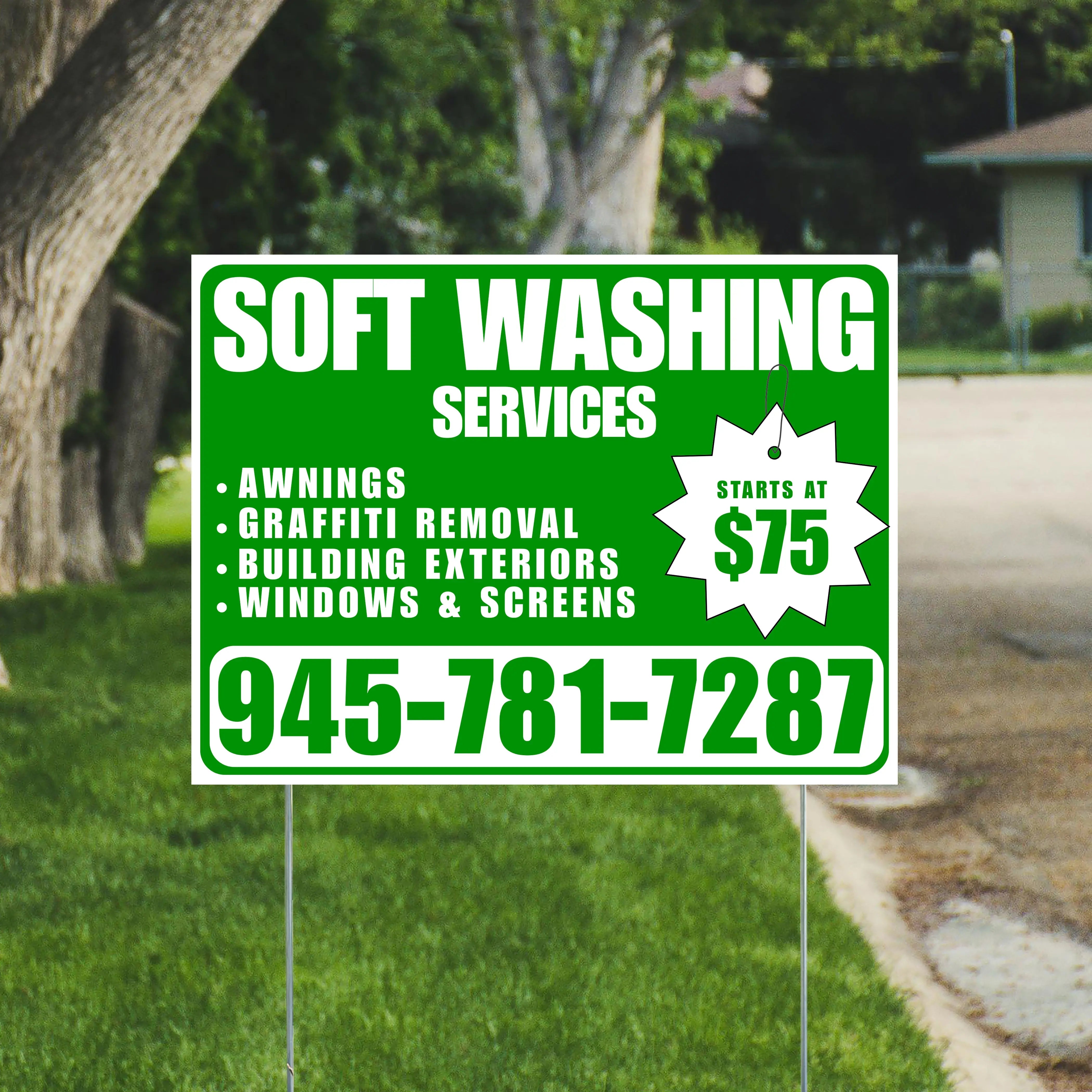 Soft Washing - Awnings, Graffiti Removal, Windows & Screens with Price Tag - Plain White Green Design YardSigns.com