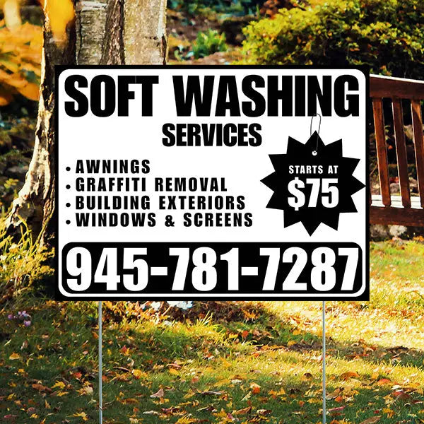 Soft Washing - Awnings, Graffiti Removal, Windows & Screens with Price Tag - Plain Black White Design YardSigns.com