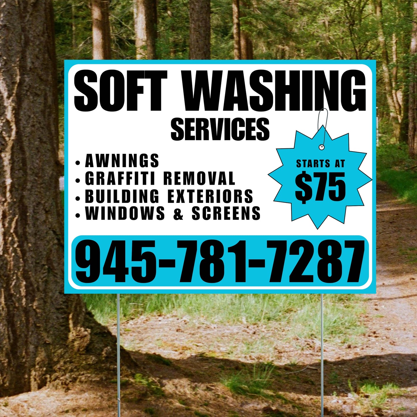 Soft Washing - Awnings, Graffiti Removal, Windows & Screens with Price Tag - Plain White Aqua Blue Design YardSigns.com