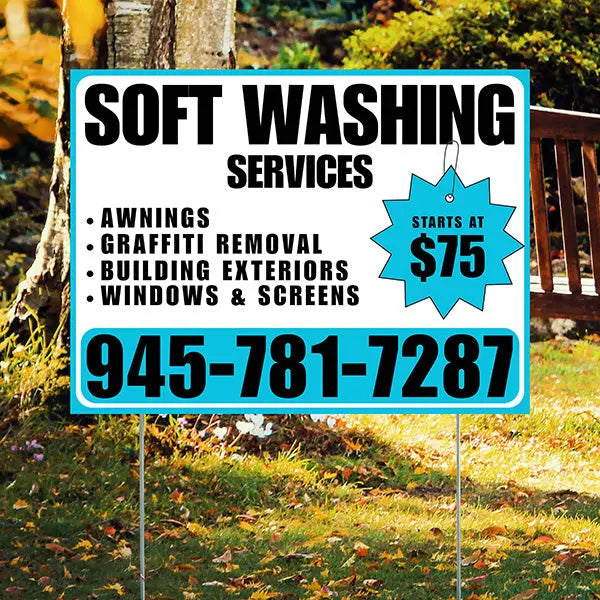 Soft Washing - Awnings, Graffiti Removal, Windows & Screens with Price Tag - Plain White Aqua Blue Design YardSigns.com