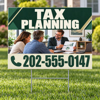 A lawn sign for tax planning featuring a dark green and cream design with the words 'TAX PLANNING' and a phone number, displayed on a green lawn with a blurred background of a residential yard and people in a meeting.