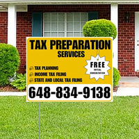 Tax Preparation Services - Tax Planning, Income Tax Filing, State and Local Tax Filing with Free Initial Consultation - Plain Mustard Gold White Design YardSigns.com
