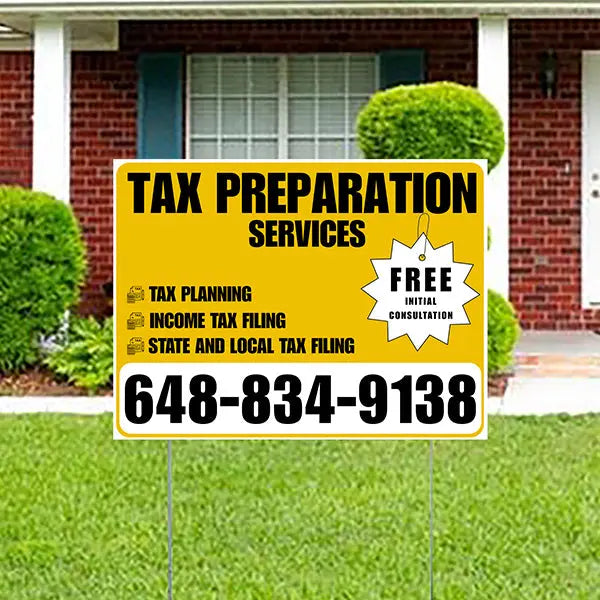 Tax Preparation Services - Tax Planning, Income Tax Filing, State and Local Tax Filing with Free Initial Consultation - Plain Mustard Gold White Design YardSigns.com