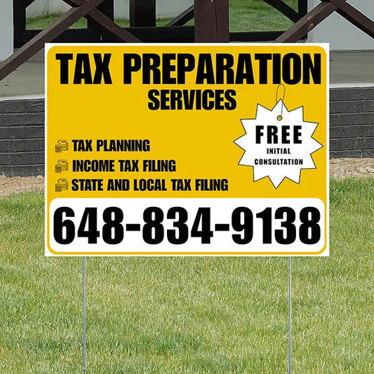 Tax Preparation Services - Tax Planning, Income Tax Filing, State and Local Tax Filing with Free Initial Consultation - Plain Mustard Gold White Design YardSigns.com