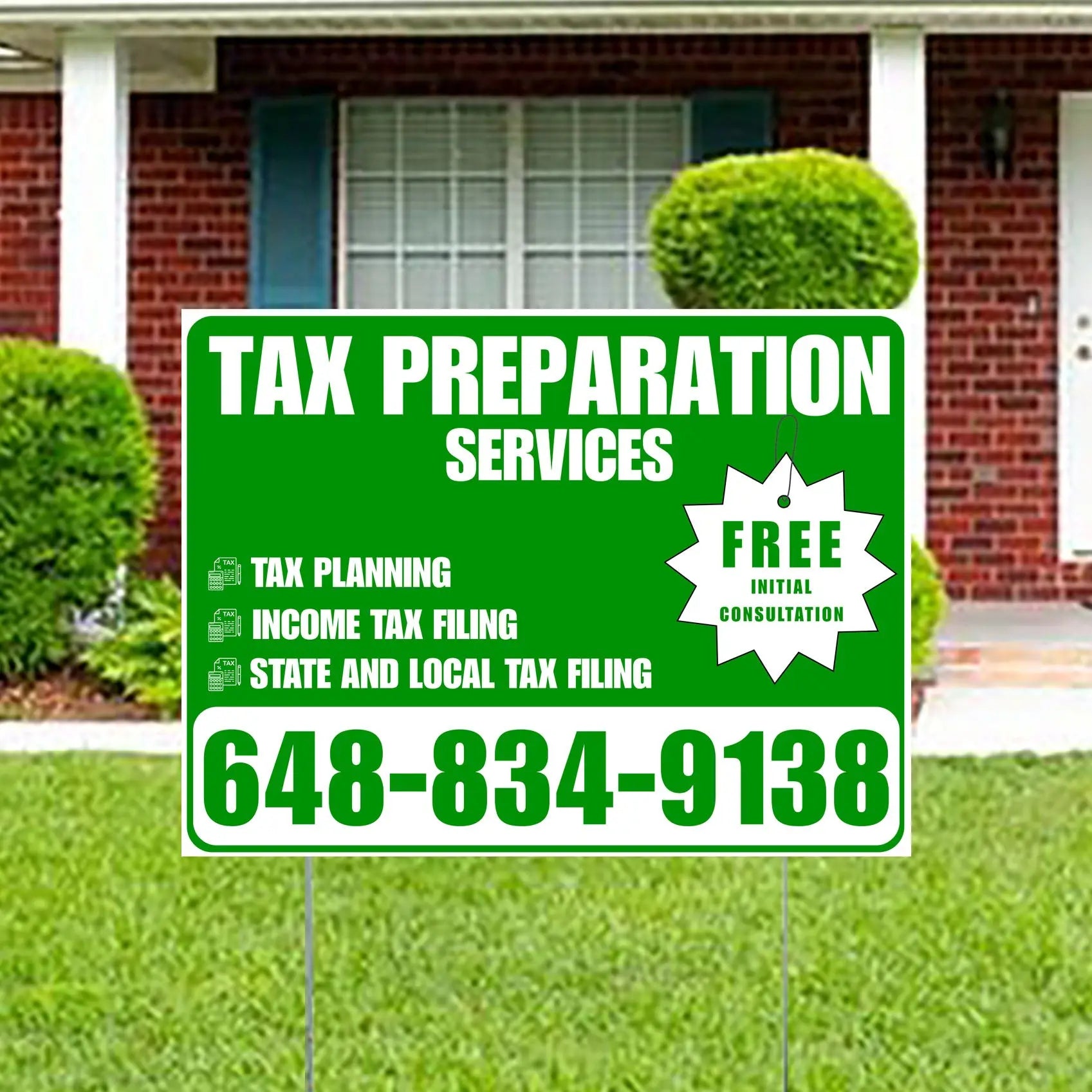 Tax Preparation Services - Tax Planning, Income Tax Filing, State and Local Tax Filing with Free Initial Consultation - Plain Green White Design YardSigns.com