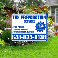 Tax Preparation Services - Tax Planning, Income Tax Filing, State and Local Tax Filing with Free Initial Consultation - Plain White Blue Design YardSigns.com
