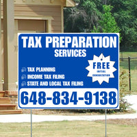 Tax Preparation Services - Tax Planning, Income Tax Filing, State and Local Tax Filing with Free Initial Consultation - Plain Blue White Design YardSigns.com