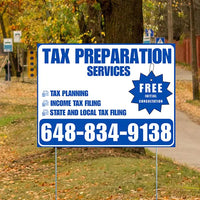 Tax Preparation Services - Tax Planning, Income Tax Filing, State and Local Tax Filing with Free Initial Consultation - Plain White Blue Design YardSigns.com
