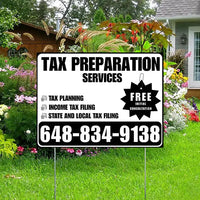 Tax Preparation Services - Tax Planning, Income Tax Filing, State and Local Tax Filing with Free Initial Consultation - Plain White Black Design YardSigns.com