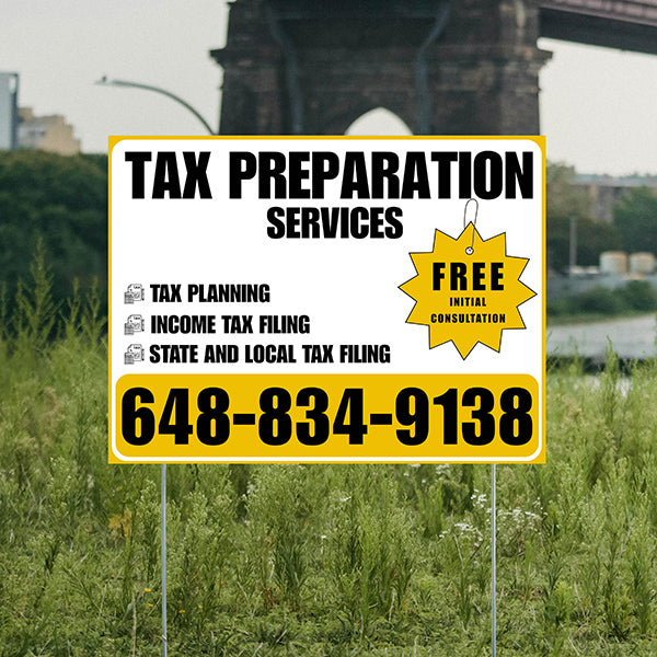 Tax Preparation Services - Tax Planning, Income Tax Filing, State and Local Tax Filing with Free Initial Consultation - Plain White Mustard Gold Design - YardSigns.com