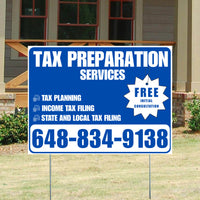 Tax Preparation Services - Tax Planning, Income Tax Filing, State and Local Tax Filing with Free Initial Consultation - Plain Blue White Design YardSigns.com
