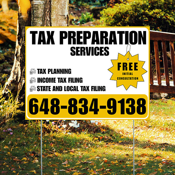 Tax Preparation Services - Tax Planning, Income Tax Filing, State and Local Tax Filing with Free Initial Consultation - Plain White Mustard Gold Design