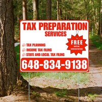 Tax Preparation Services - Tax Planning, Income Tax Filing, State and Local Tax Filing with Free Initial Consultation - Plain White Chili Red Design YardSigns.com