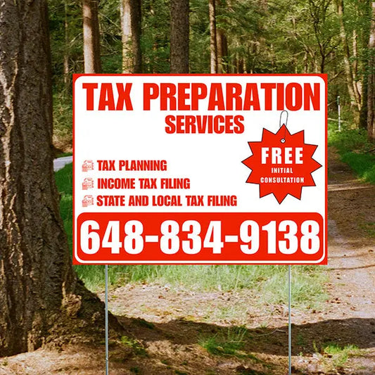 Tax Preparation Services - Tax Planning, Income Tax Filing, State and Local Tax Filing with Free Initial Consultation - Plain White Chili Red Design YardSigns.com