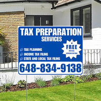 Tax Preparation Services - Tax Planning, Income Tax Filing, State and Local Tax Filing with Free Initial Consultation - Plain Blue White Design YardSigns.com