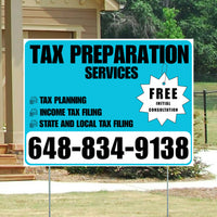 Tax Preparation Services - Tax Planning, Income Tax Filing, State and Local Tax Filing with Free Initial Consultation - Plain Aqua Blue White Design YardSigns.com