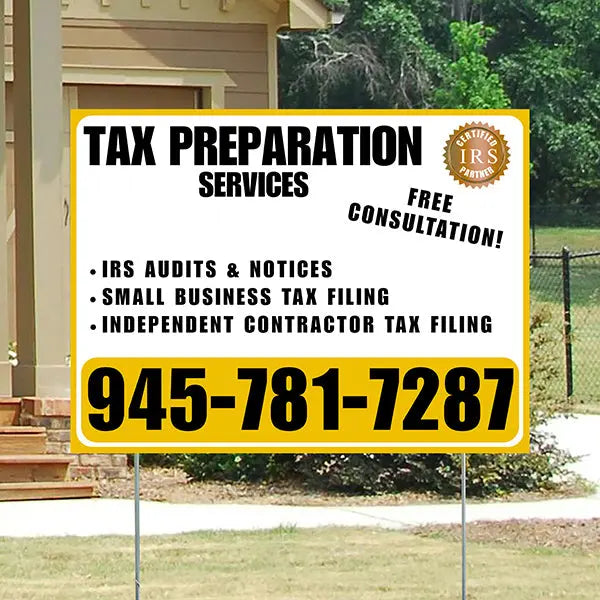 Tax Preparation Services - IRS Audits & Notices, Small Business Tax Filing, Independent Contractor Tax Filing - Plain Mustard Gold White Design YardSigns.com