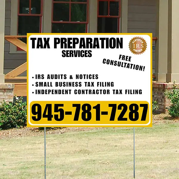 Tax Preparation Services - IRS Audits & Notices, Small Business Tax Filing, Independent Contractor Tax Filing - Plain Mustard Gold White Design YardSigns.com