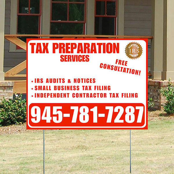 Tax Preparation Services - IRS Audits & Notices, Small Business Tax Filing, Independent Contractor Tax Filing - Plain Chili Red White Design - YardSigns.com