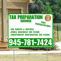 Tax Preparation Services - IRS Audits & Notices, Small Business Tax Filing, Independent Contractor Tax Filing - Plain Green White Design YardSigns.com