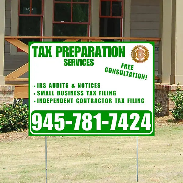 Tax Preparation Services - IRS Audits & Notices, Small Business Tax Filing, Independent Contractor Tax Filing - Plain Green White Design YardSigns.com