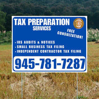 Tax Preparation Services - IRS Audits & Notices, Small Business Tax Filing, Independent Contractor Tax Filing - Plain White Blue Design YardSigns.com