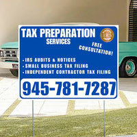 Tax Preparation Services - IRS Audits & Notices, Small Business Tax Filing, Independent Contractor Tax Filing - Plain White Blue Design YardSigns.com